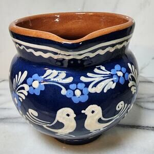 Artist Signed Blue Folk Art Pottery Pitcher Floral Love Birds Vintage Boho